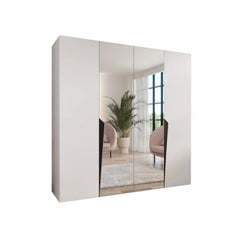 The white hinged wardrobe with central mirrored doors against a plain background