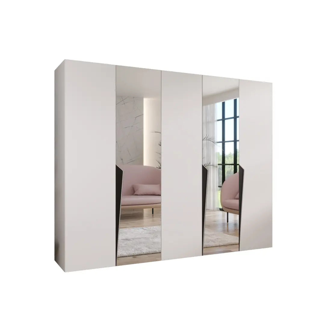 The white hinged wardrobe is displayed with mirrored doors