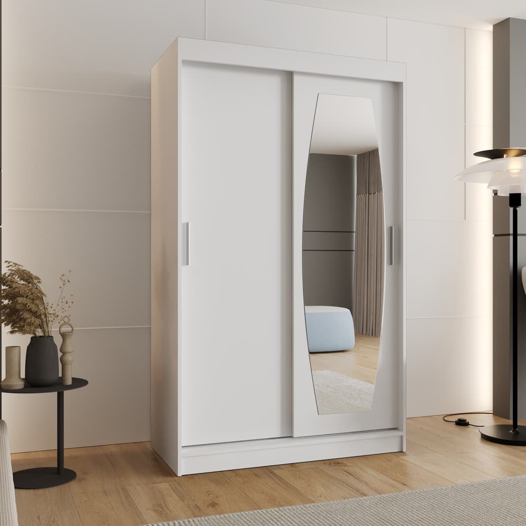 The sliding door wardrobe in a white finish with a mirrored door