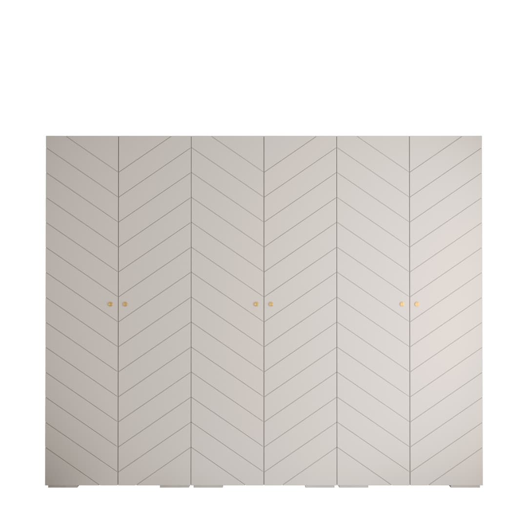 The hinged wardrobe with a chevron pattern on its five doors