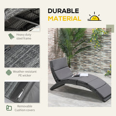 Outsunny Outdoor Foldable PE Rattan Sun Lounger with Soft Padded Cushion, Ergonomic Curved Design Sun Bed for Balcony
