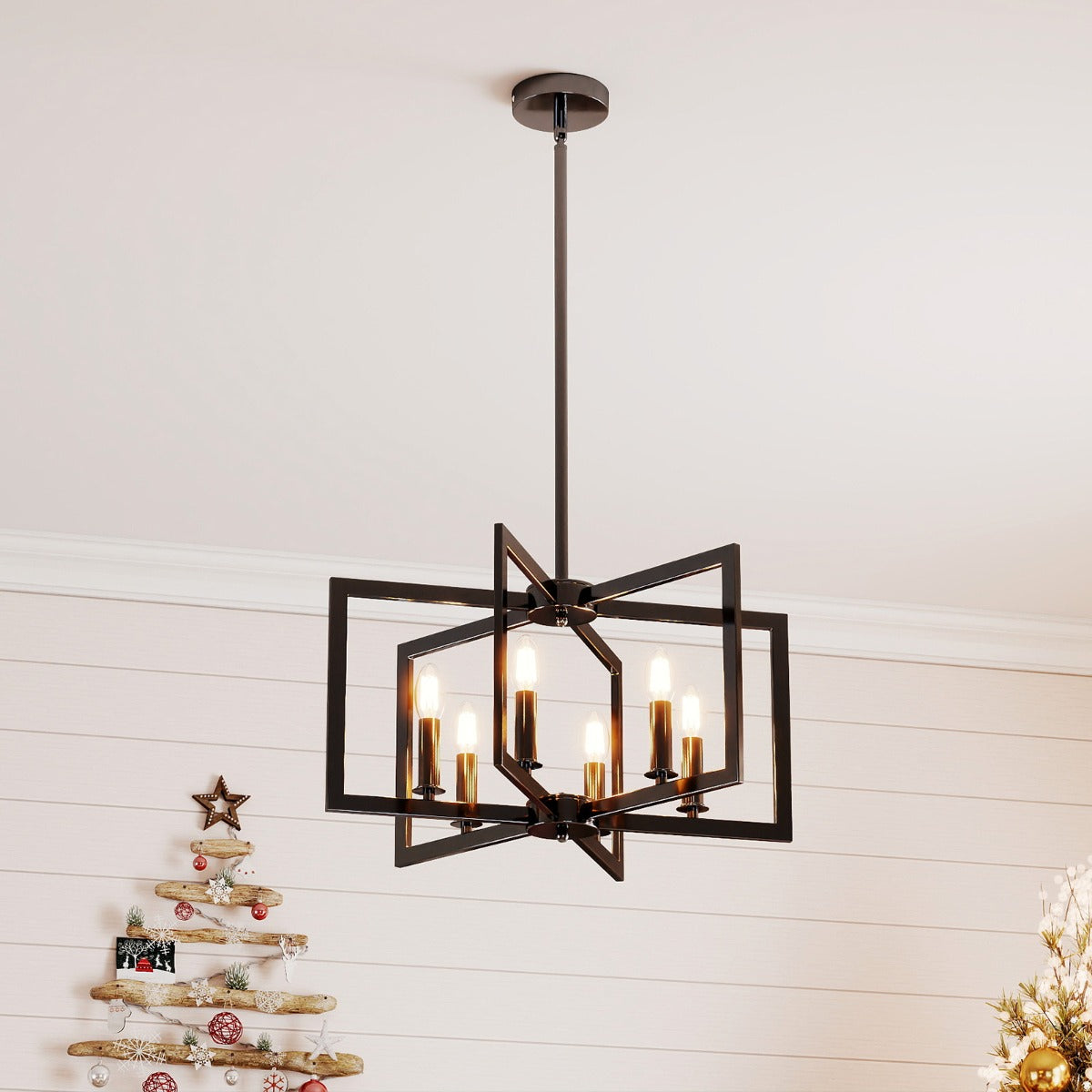 6-Light Black Farmhouse Chandelier with Adjustable Height-Black