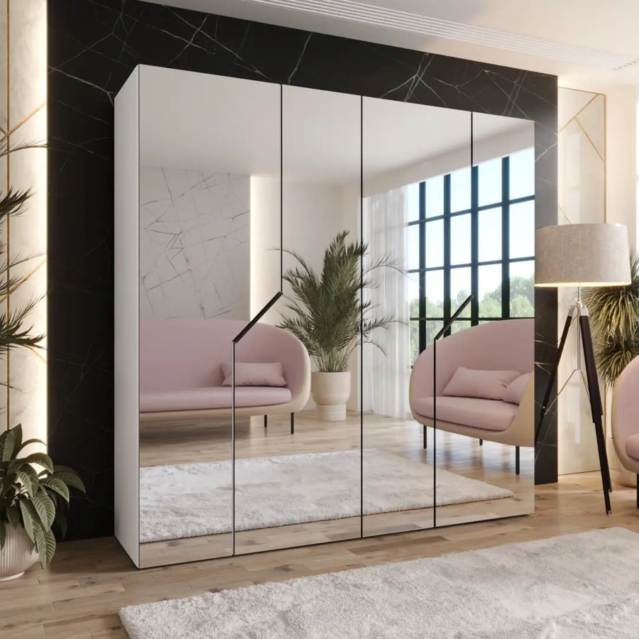 Blomvik III Hinged Door Wardrobe 200cm with mirrored doors in a modern living room setting