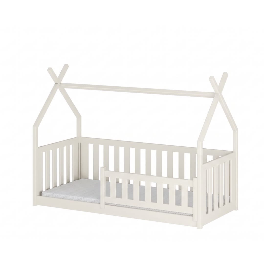 Light grey kids single bed with a house frame and guard rail