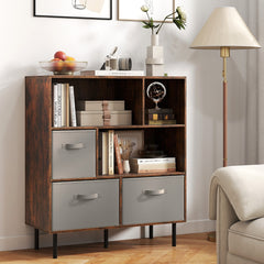 3-Tier Bookcase with 3 Removable Folding Fabric Drawers-Rustic Brown