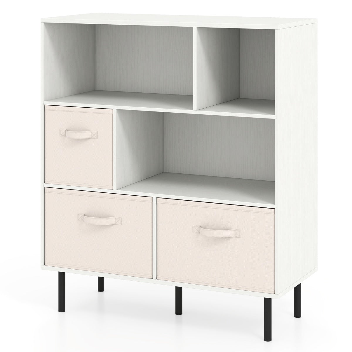 3-Tier Bookcase with 3 Removable Folding Fabric Drawers-White