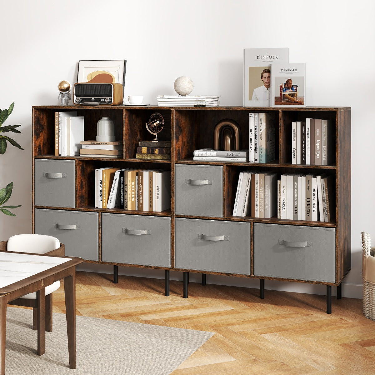 3-Tier Bookcase with 3 Removable Folding Fabric Drawers-Rustic Brown