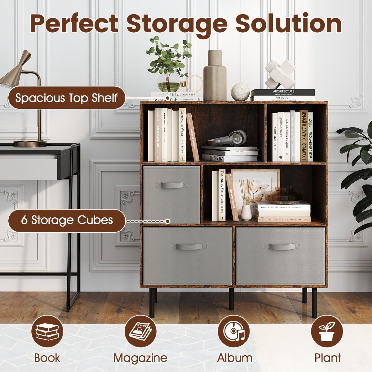 3-Tier Bookcase with 3 Removable Folding Fabric Drawers-Rustic Brown