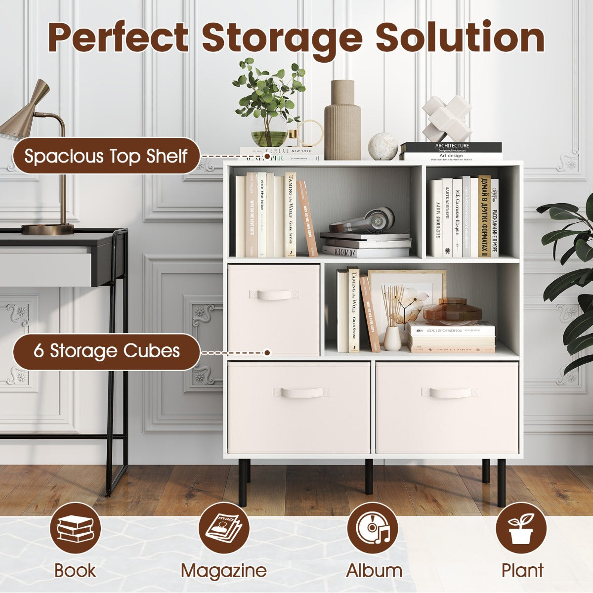 3-Tier Bookcase with 3 Removable Folding Fabric Drawers-White