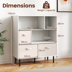 3-Tier Bookcase with 3 Removable Folding Fabric Drawers-White