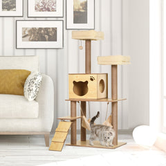 PawHut 130cm Cat Tree for Indoor Cats, Multi-Level Plush Cat Tower, with Five Scratching Posts, Two Perches, Cat House
