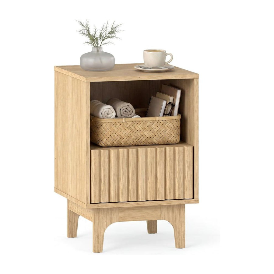 Brooklyn Fluted Nightstand Modern Wooden Night Stand with Open Compartment-Natural