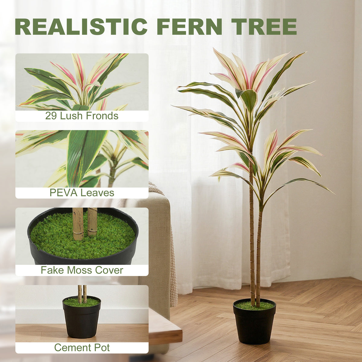HOMCOM 90 cm Artificial Cordyline Tree in Moss Effect Pot, Realistic PEVA Faux Plant, Yellow