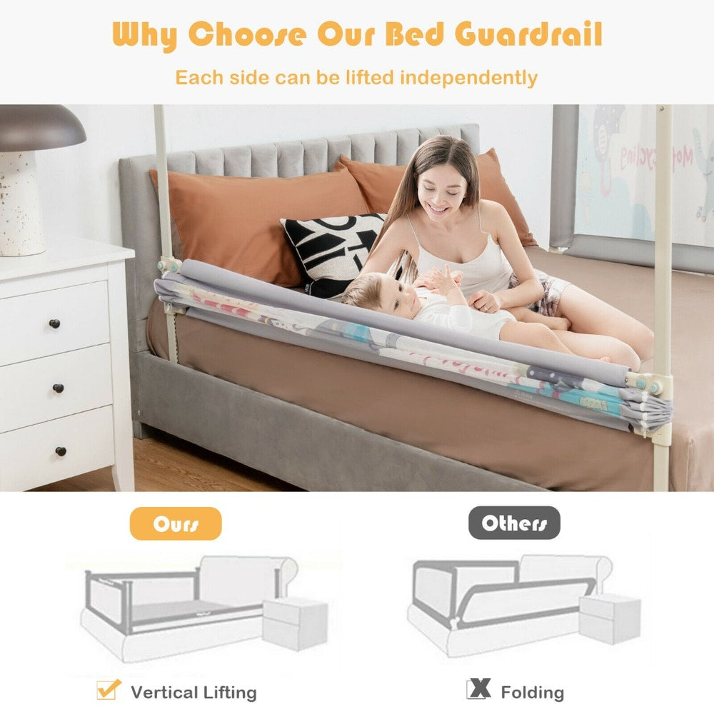 The bed rail guard showing the vertical lifting mechanism compared to a folding style