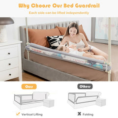 The bed rail guard showing the vertical lifting mechanism compared to a folding style