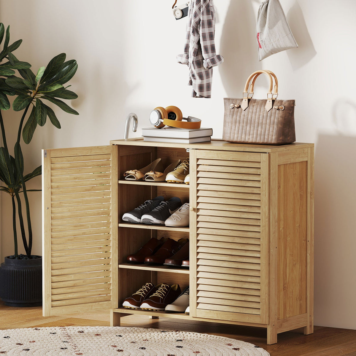 HOMCOM Bamboo Shoe Cabinet with Louvered Doors, 14 Pairs Shoe Storage Cabinet with Adjustable Shelves for Hallway, Natural