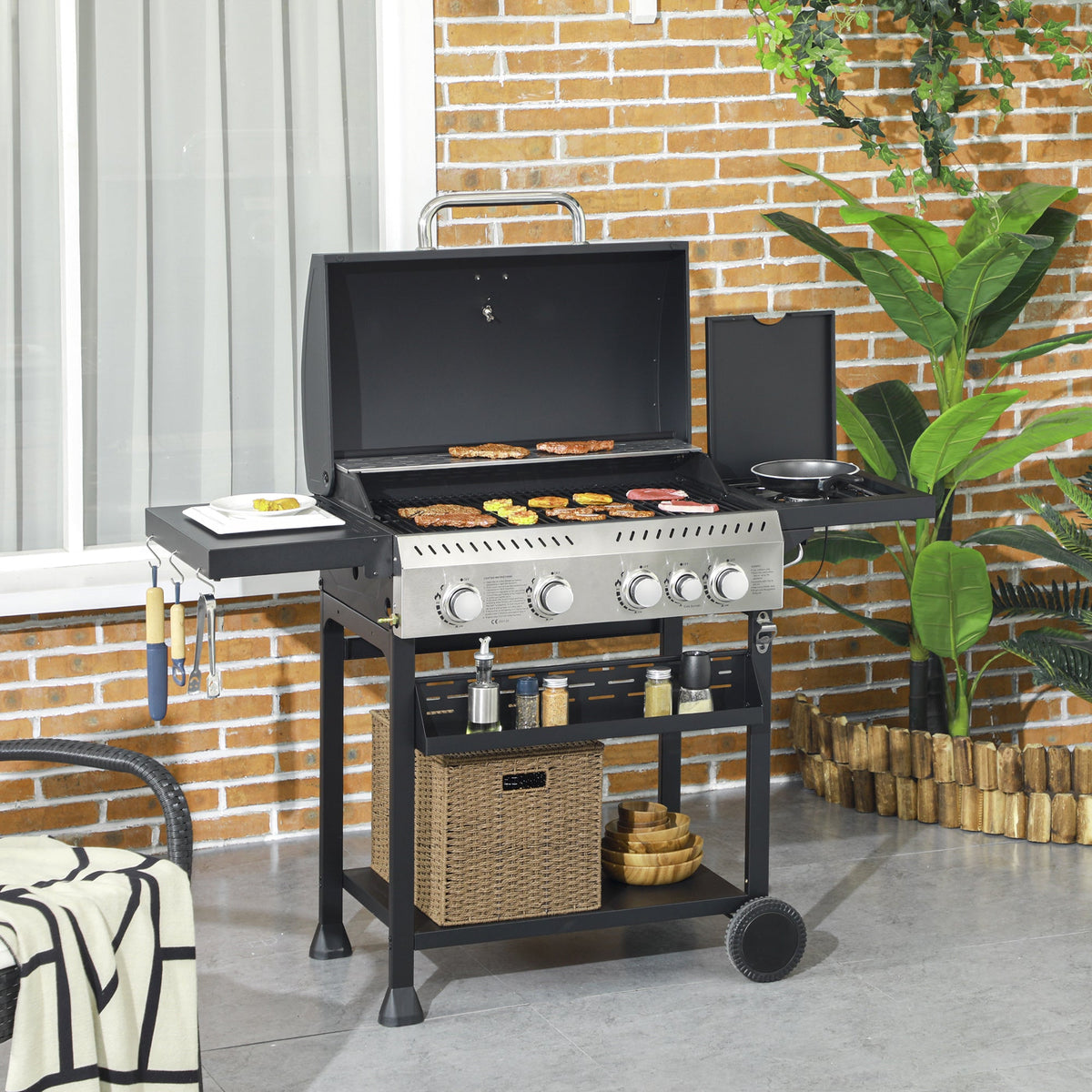 Outsunny Five-Burner Steel Gas Grill, with Thermometer - Black - product image 2