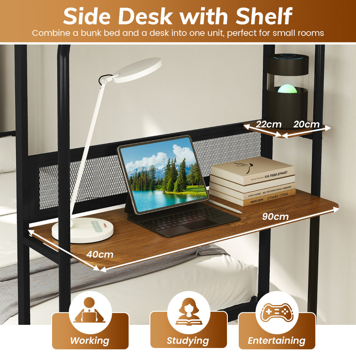 Bunk Bed with Desk Loft Bed with Wooden Tabletop and Shelf