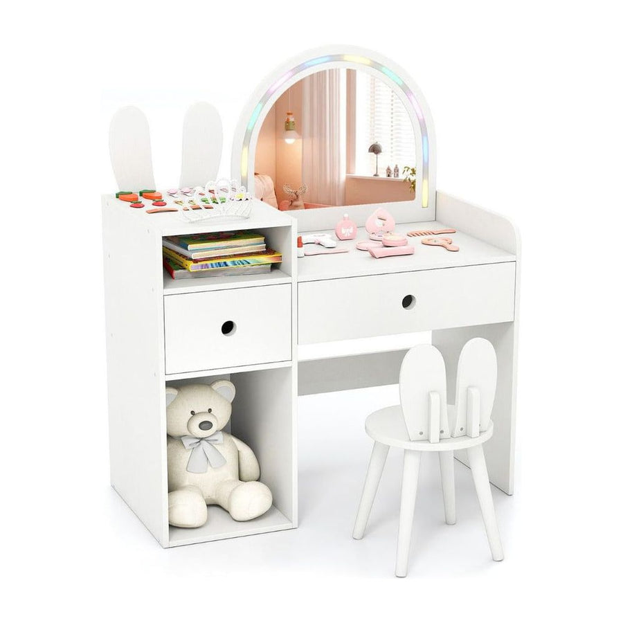Bunny Kids Vanity Table and Chair Set with Lighted Mirror-White