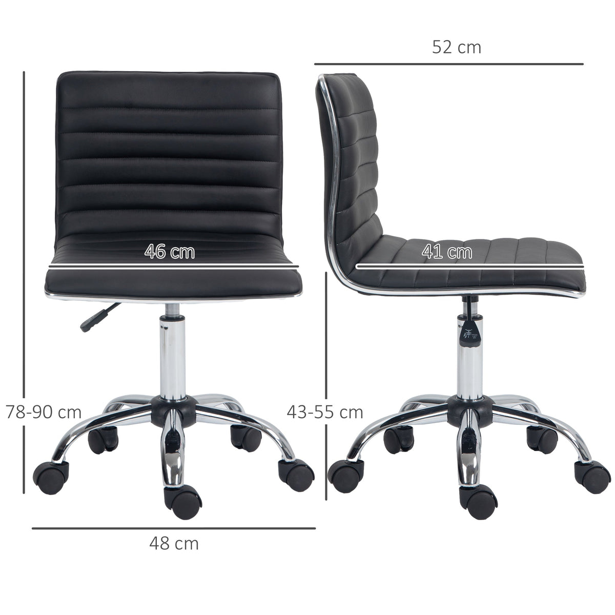 HOMCOM Armless Task Desk Chair, Swivel Office Chair with Faux Leather, Adjustable Seat Height, Chrome Base, Wheels for Home