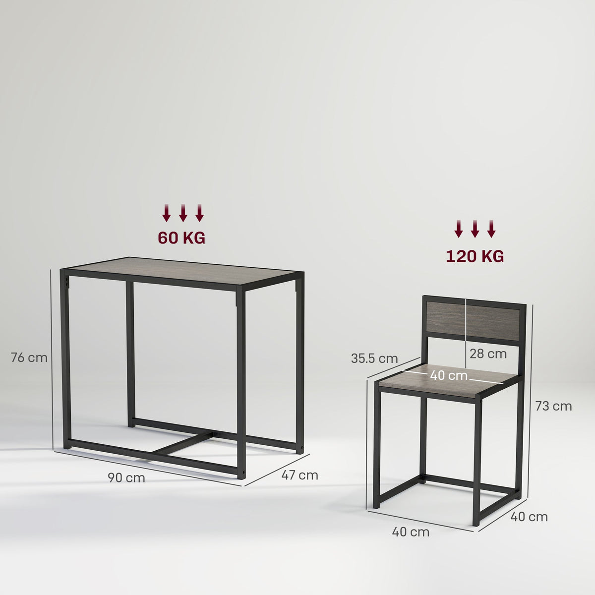 HOMCOM Dining Table and Chairs Set 2, Dining Room Sets, Rectangular Space Saving Table and 2 Chairs for Compact Kitchens, Steel Frame, Grey Wood-Effect