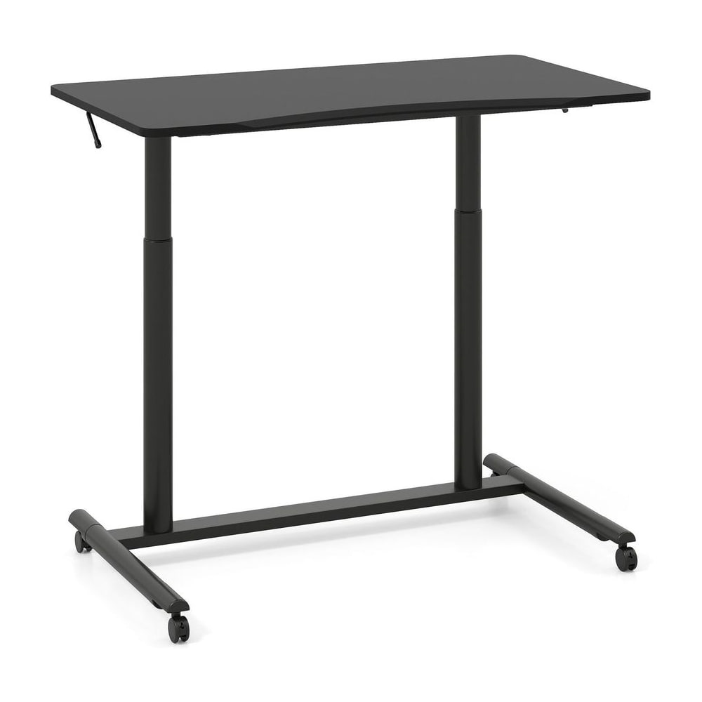 C-Shaped Mobile Standing Desk in black with adjustable legs and small wheels on a white background