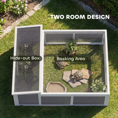 PawHut Wooden Tortoise House, Tortoise Enclosure with Clear Observation Window, Top Opening, Multiple Doors, Galvanised Mesh