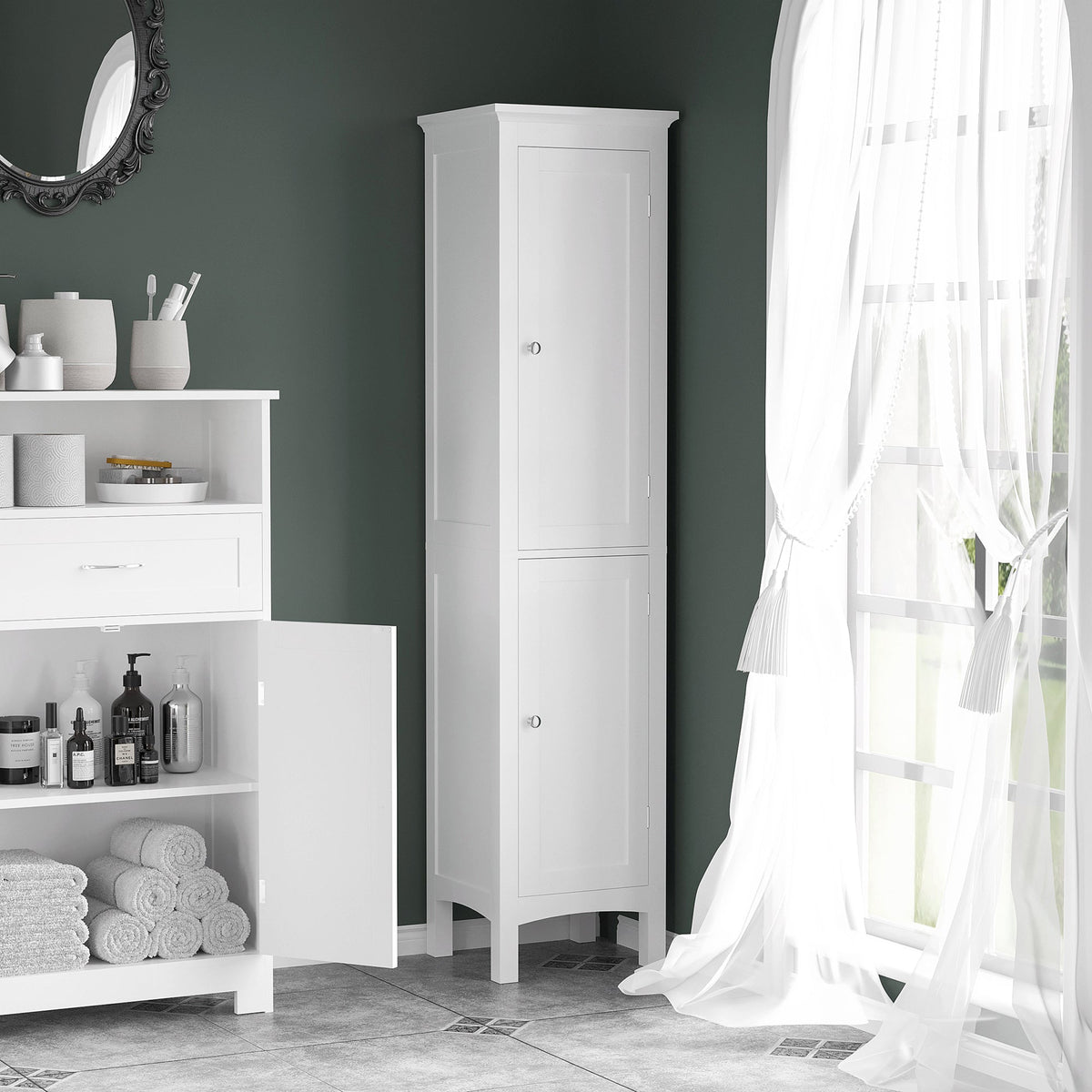 kleankin Tall Bathroom Storage Unit, Slim Bathroom Cabinet with Adjustable Shelves and Double Door, White
