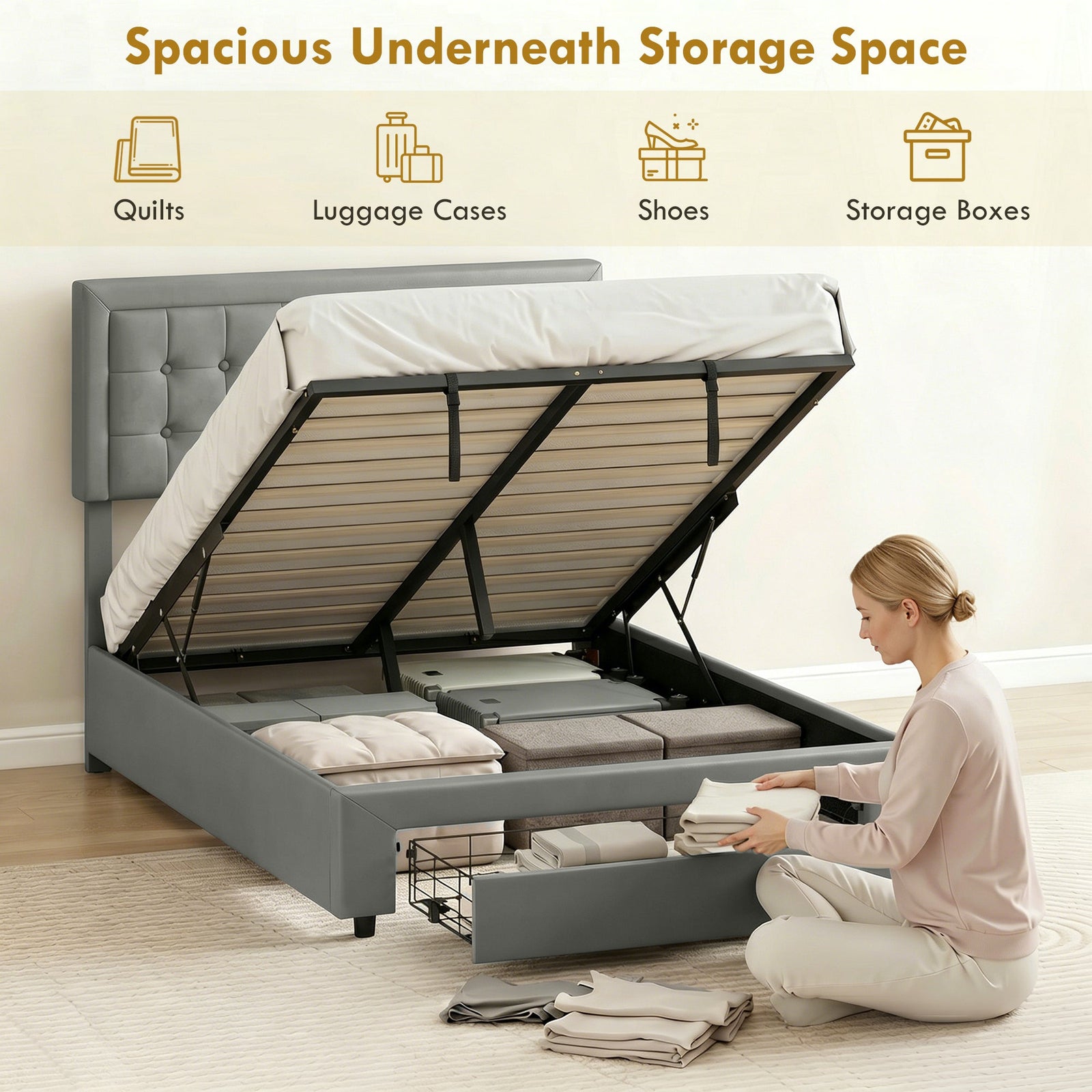 HOMCOM King Size Ottoman Bed Frame, with Front Drawer - Grey