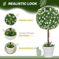 HOMCOM Set of 2 Decorative Artificial Plants, Ball Topiary Tree with Rose Flower in Pot, Fake Plants for Home Indoor Outdoor Decor, 60cm, White