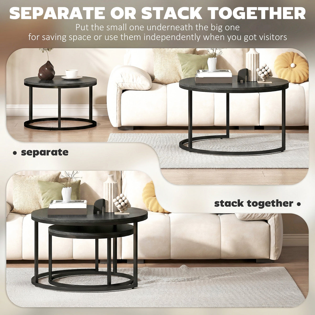 HOMCOM Set of Two Wood-Effect Stacking Tables - Black Wood Grain