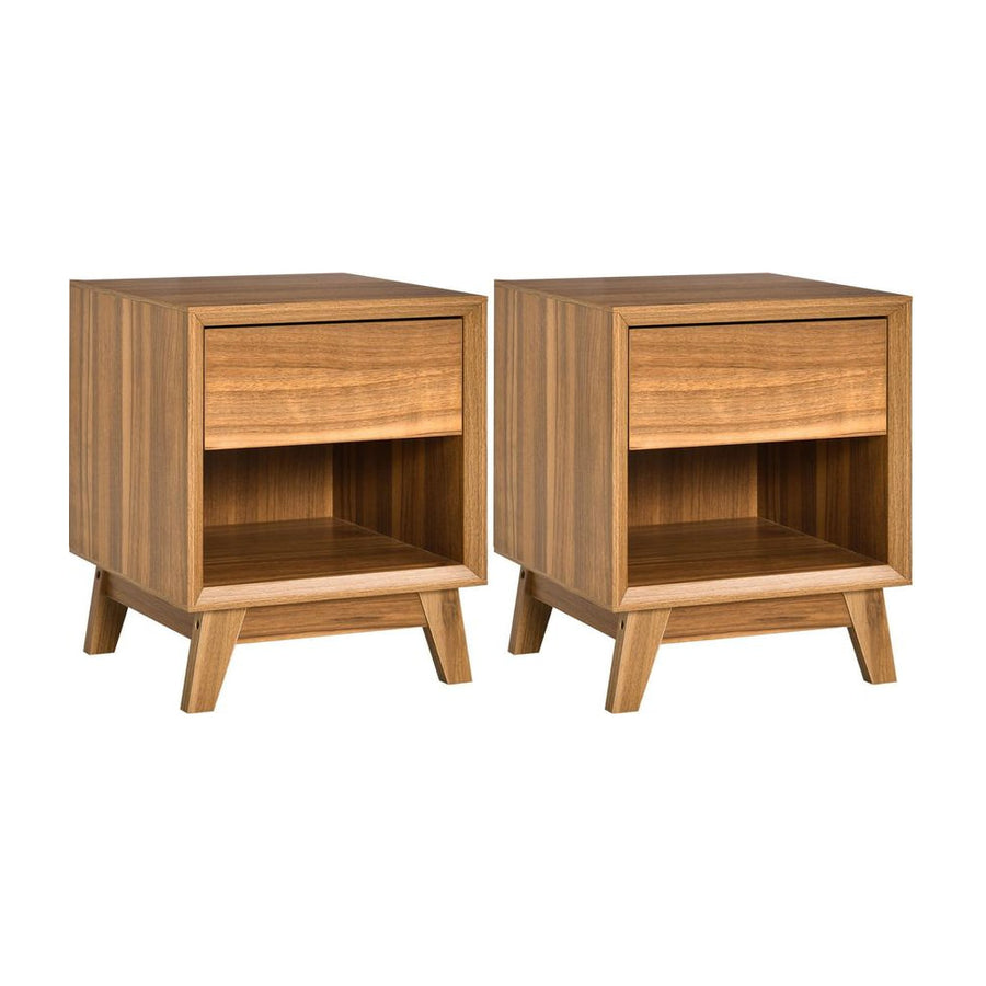 HOMCOM Modern Bedside Table Nightstand, Living Room End Table, Side Table with Drawer and Shelf, Set of 2, Walnut Brown
