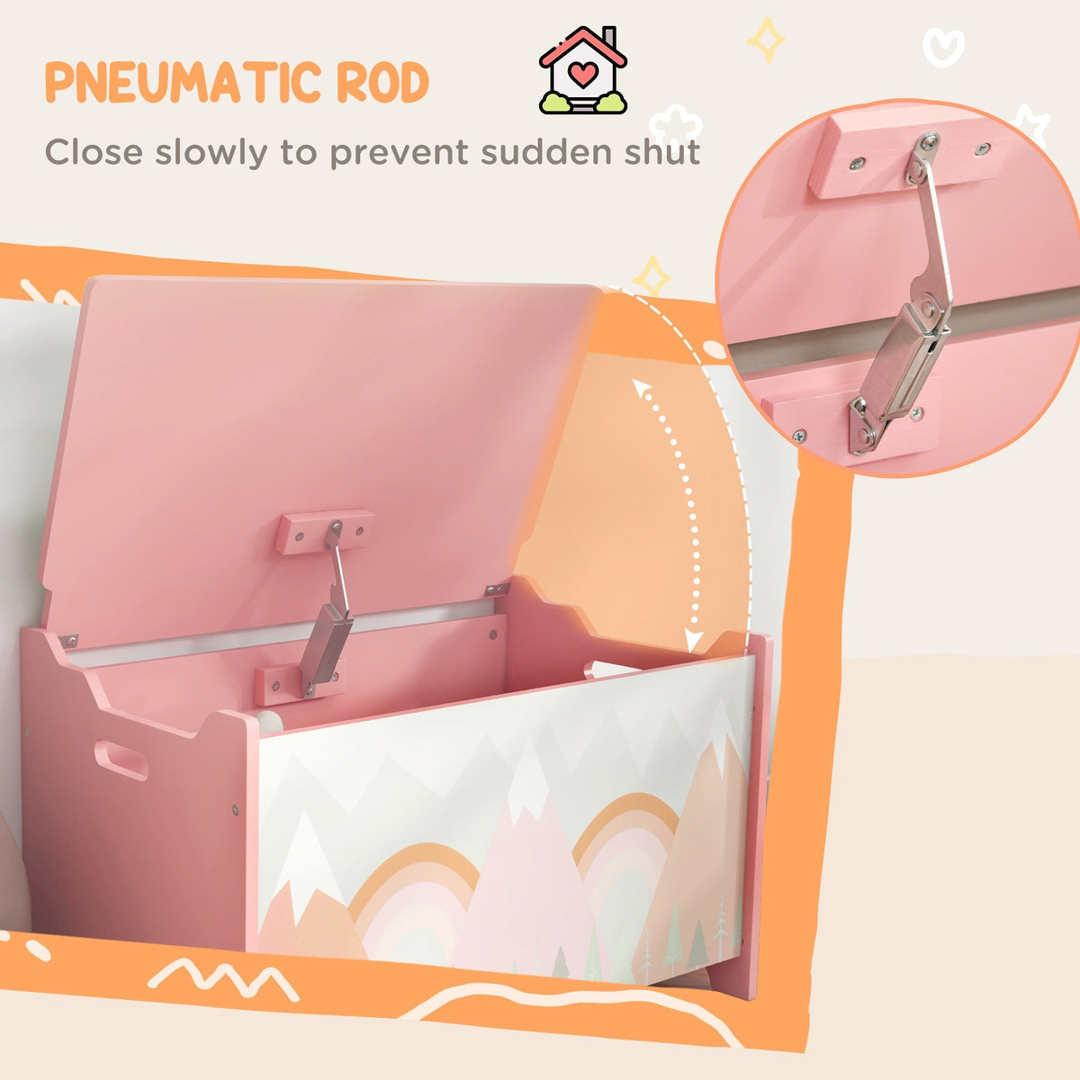 ZONEKIZ Toy Box, Kids Storage Chest, with Lid, Safety Hinge - Pink