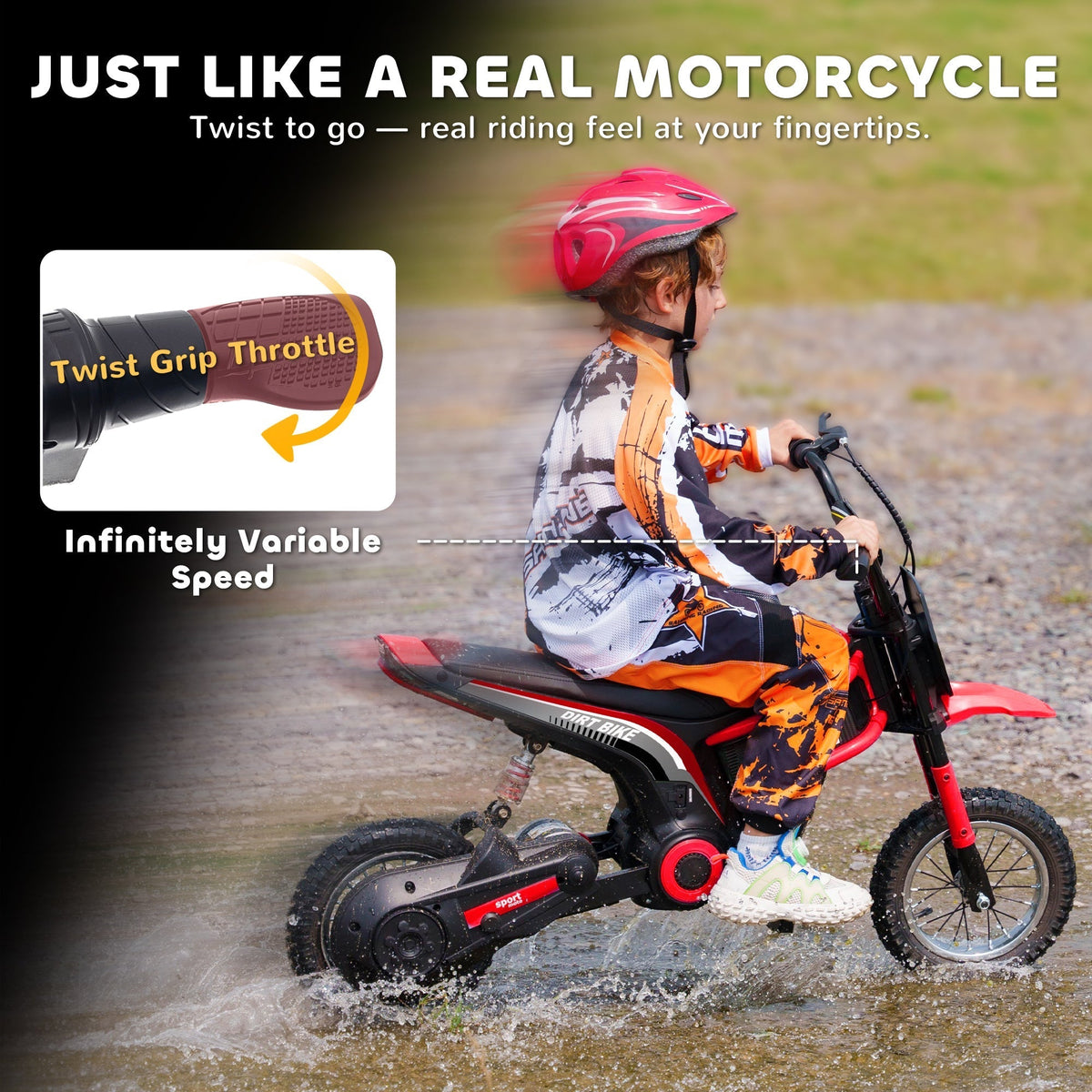 HOMCOM 24V Electric Motorbike with Twist Grip Throttle, Music, Horn, 12" Pneumatic Tyres, 16km/h Max Speed - Red