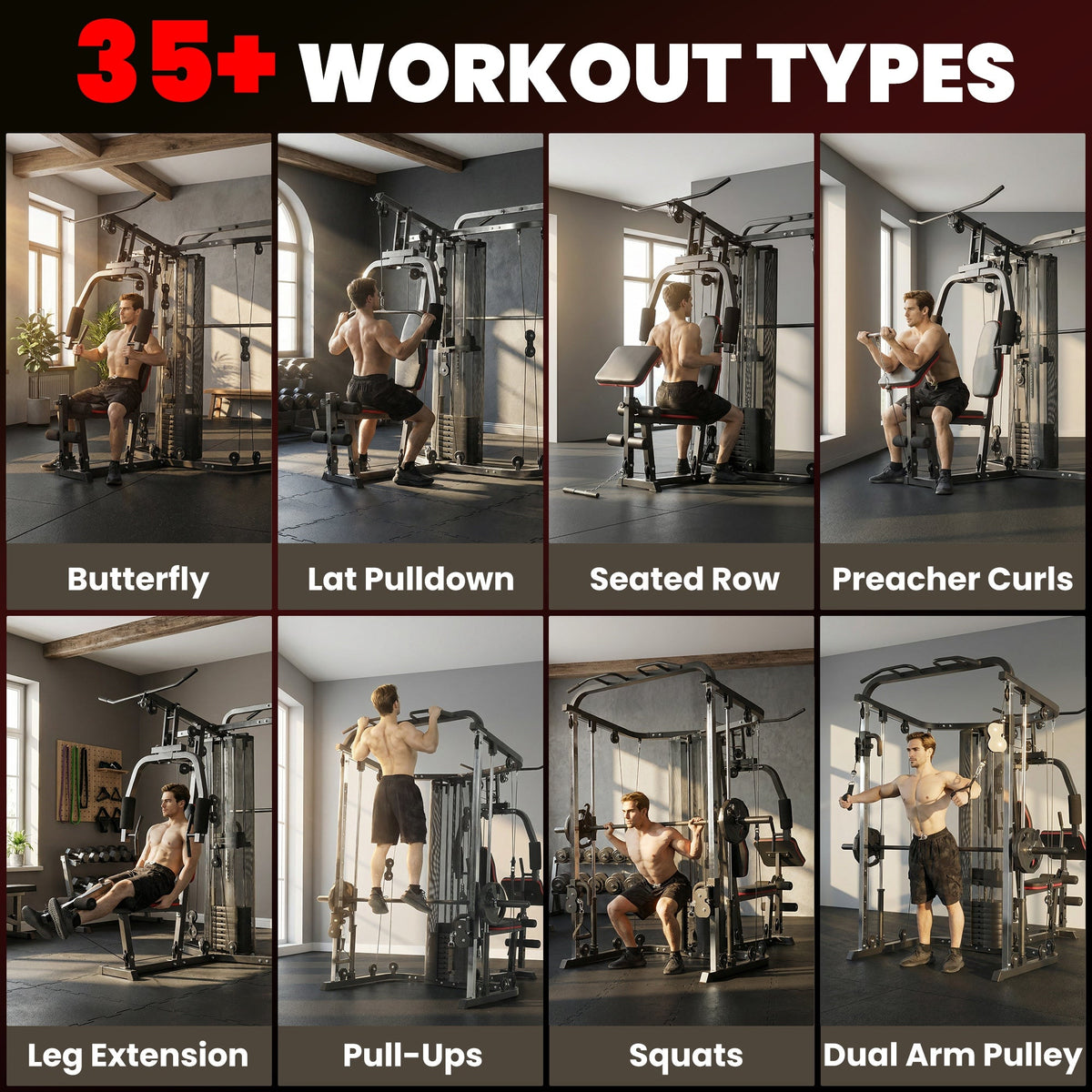 SPORTNOW Home Multi Gym Smith Machine with 65kg Weight Stack, Cable Pulley System, Chest Station, Preacher Pad & Leg Developer