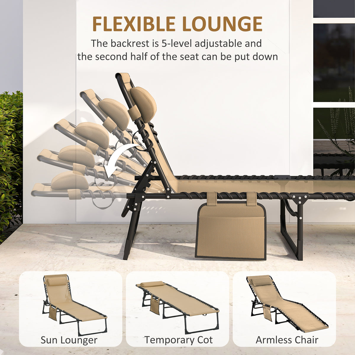 Outsunny Portable Sun Lounger, Folding Camping Bed Cot, Reclining Lounge Chair 5-position Adjustable Backrest with Side Pocket, Pillow for Patio Garden Beach Pool, Beige