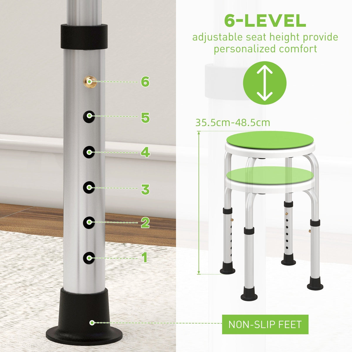HOMCOM 360 Swivel Shower Chair, Height Adjustable Aluminium Shower Stool with Non-Slip Feet for Disabled, Elderly, Green