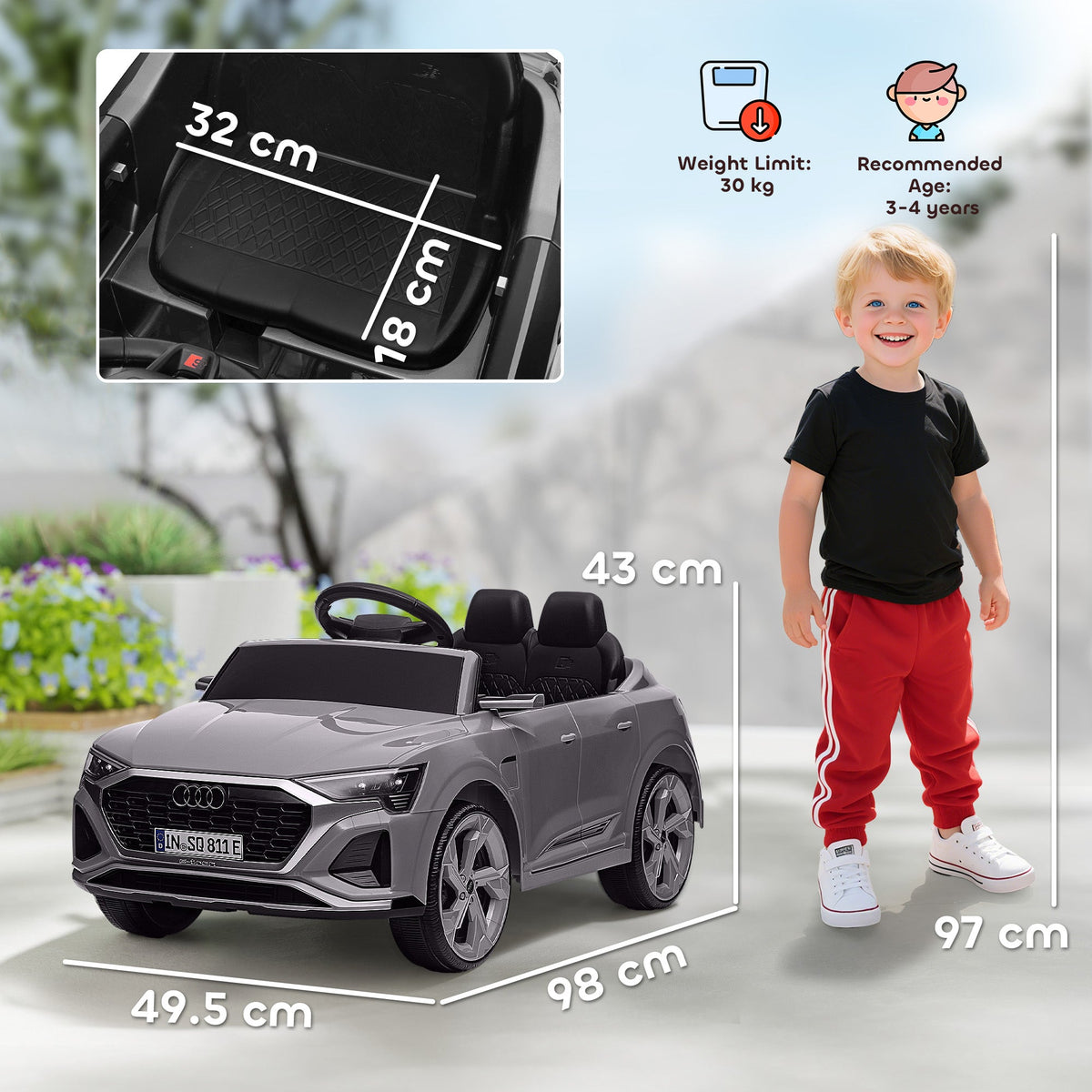 AIYAPLAY Audi Q8 e-tron Sportback Licensed 12V Ride on Car w/ Remote, 4 Spring Suspension Wheels, Headlamps, Music, Horn - Grey