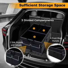 The black car trunk organizer in a car boot, showing its three divided compartments and side pockets