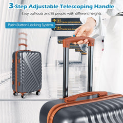 Close up of the telescoping handle and push button locking system on a grey camping suitcase