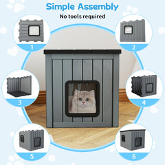 Cat House Pet Kennel with 2 PVC Doors and Sloped Roof-Grey