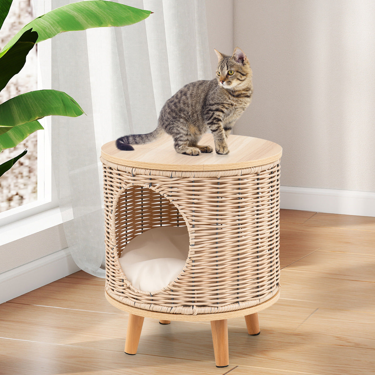 Cat House with Breathable Rattan Frame and Rubber Wood Legs-Beige