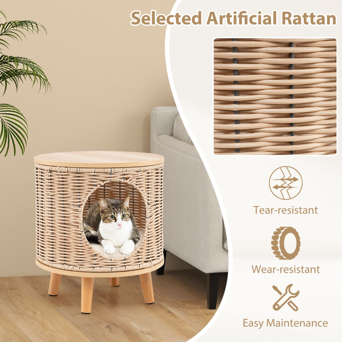 Cat House with Breathable Rattan Frame and Rubber Wood Legs-Beige