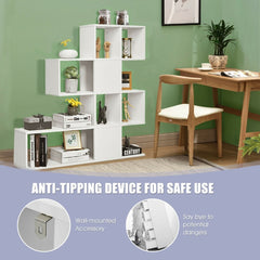 The white bookcase in an office with a close-up of the anti-tipping wall bracket