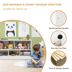 Close up of the safe material and sturdy wooden structure of the kids storage bookcase