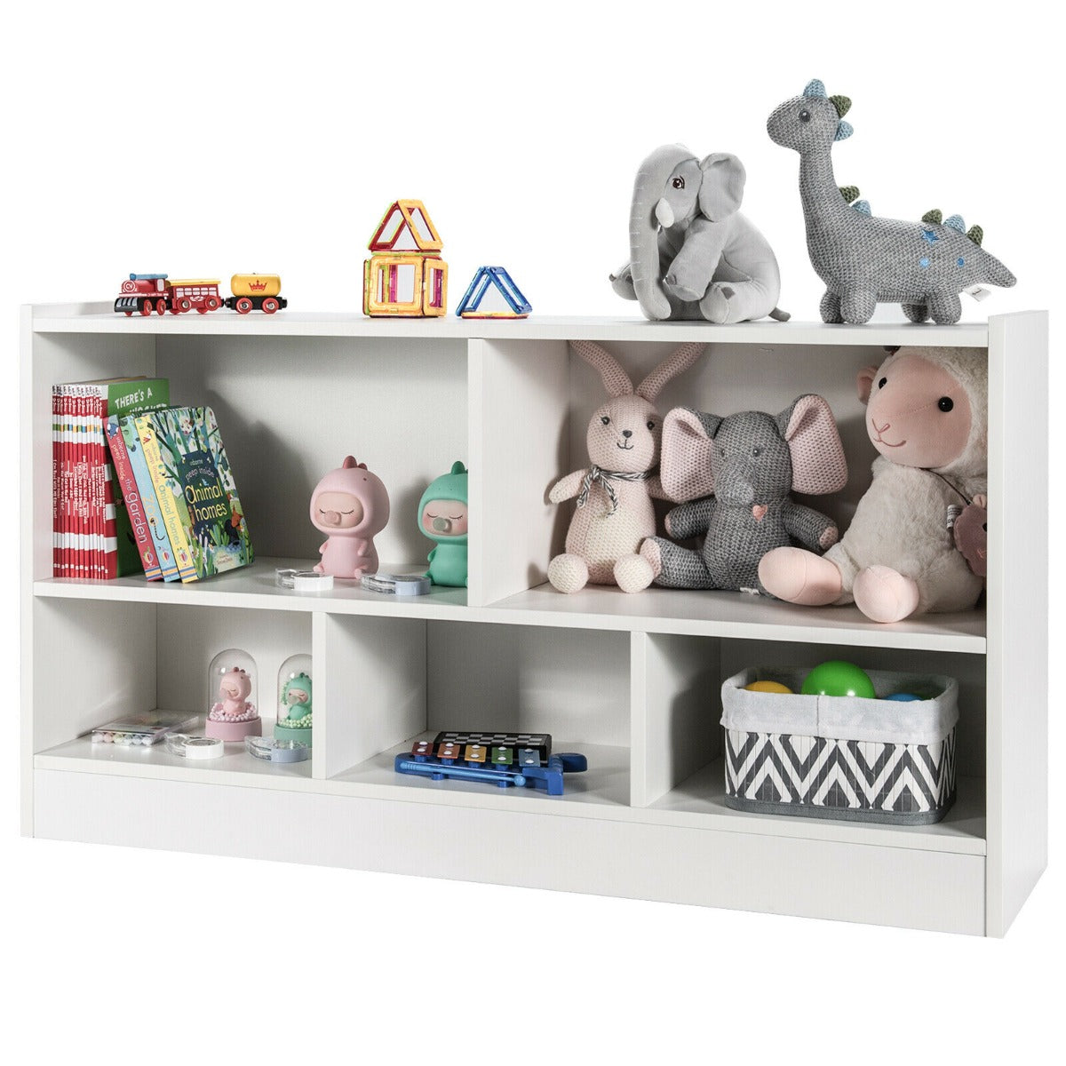 A white kids storage bookcase filled with soft toys and books, showcasing its compartments