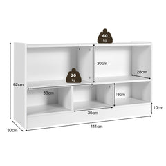A white kids storage bookcase with dimensions and weight capacity clearly marked on the unit