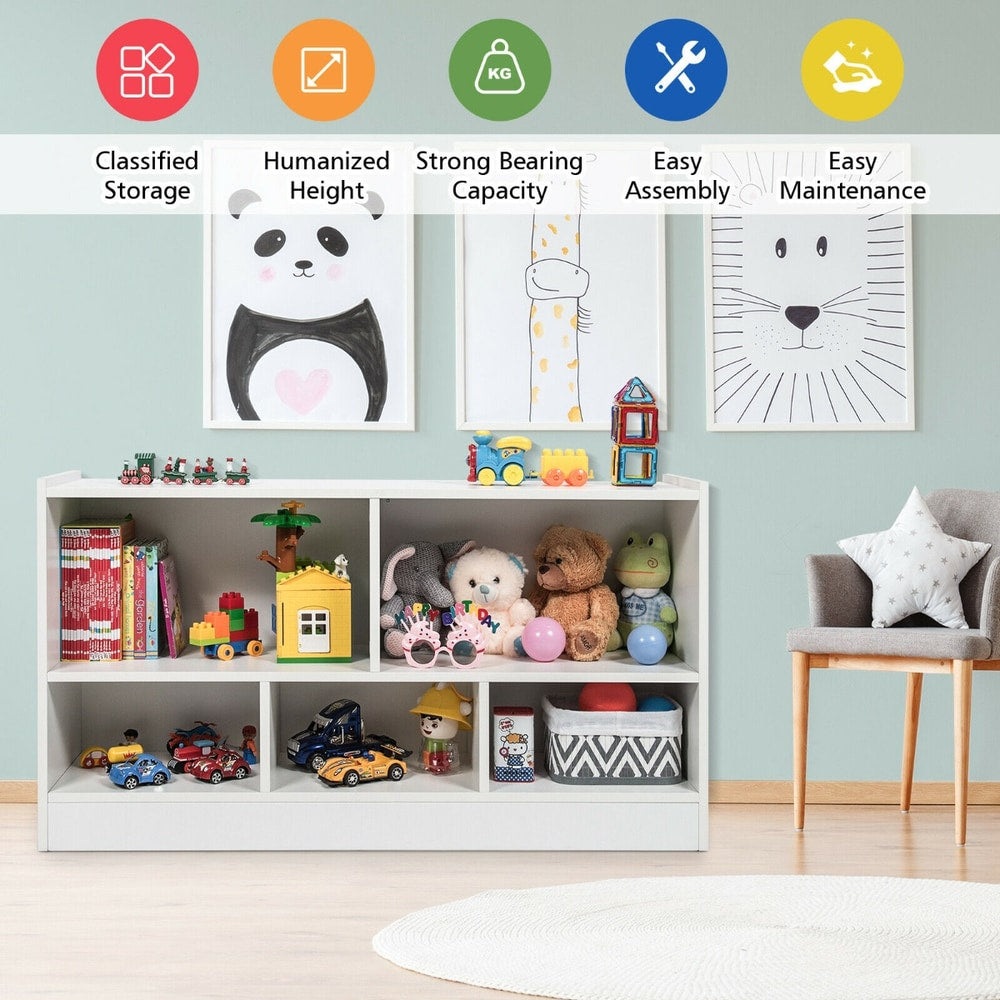 The kids storage bookcase shown with icons highlighting its features like classified storage and easy assembly