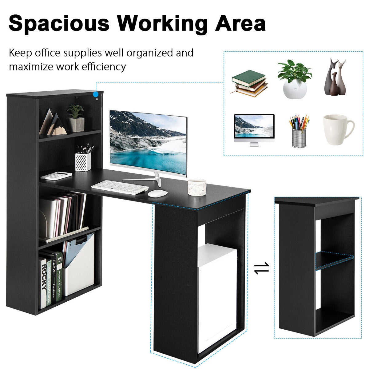 The office desk highlighting the spacious working area and storage capacity