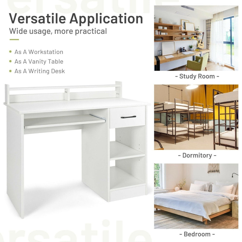 This white office desk is shown in different settings like a study room and bedroom